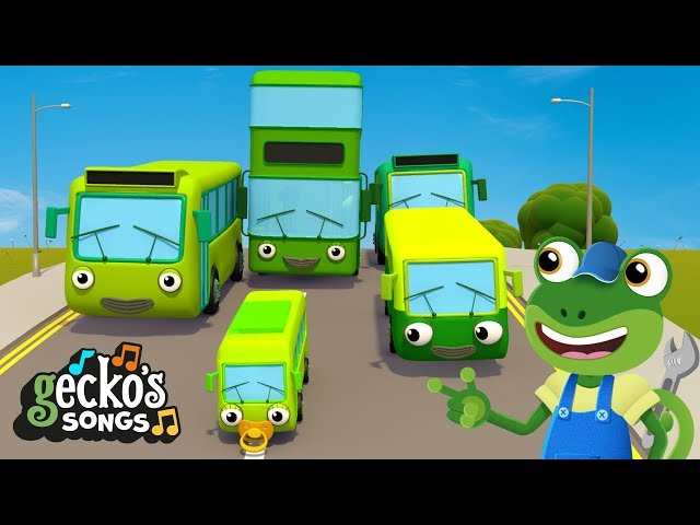 5 Green Buses | Baby Bus Songs For Kids | Learn To Count Nursery Rhymes | Gecko’s Garage